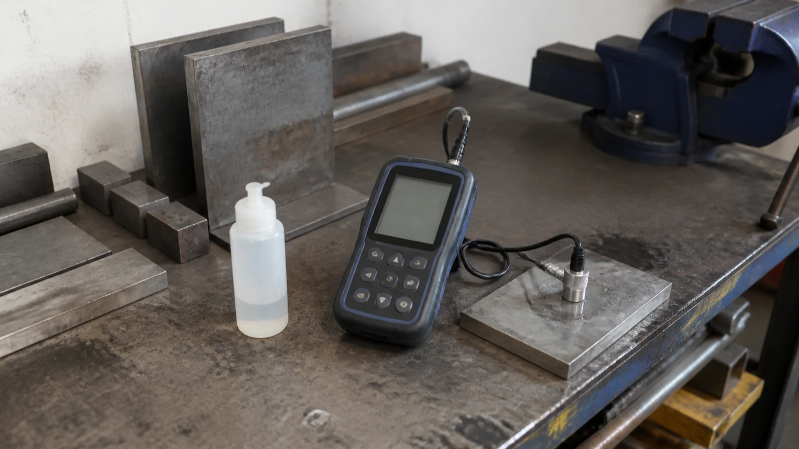 Budget ultrasonic thickness gauge on a small workshop bench with steel samples