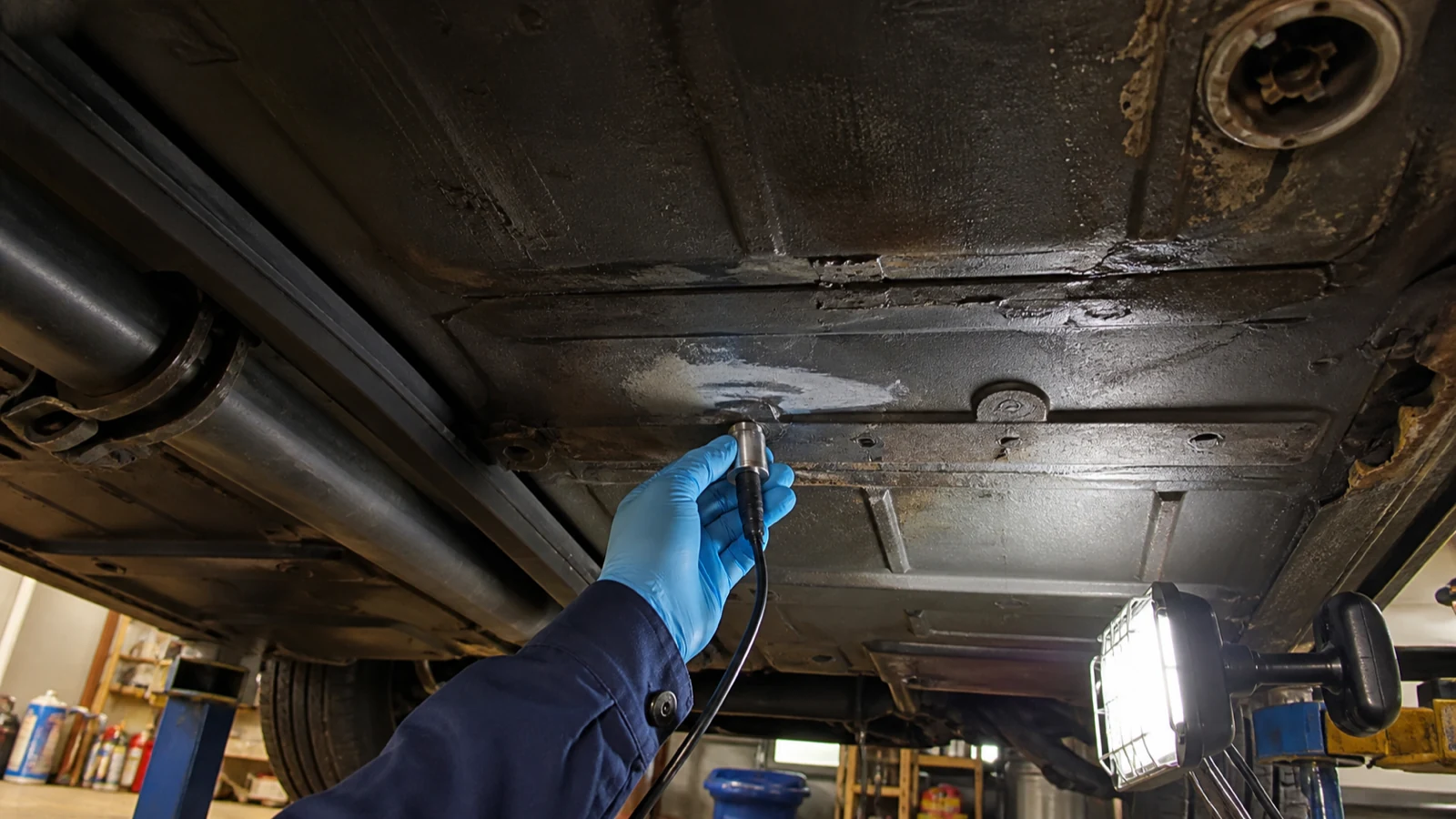 DIY classic car restorer checking floor pan metal thickness with an ultrasonic gauge