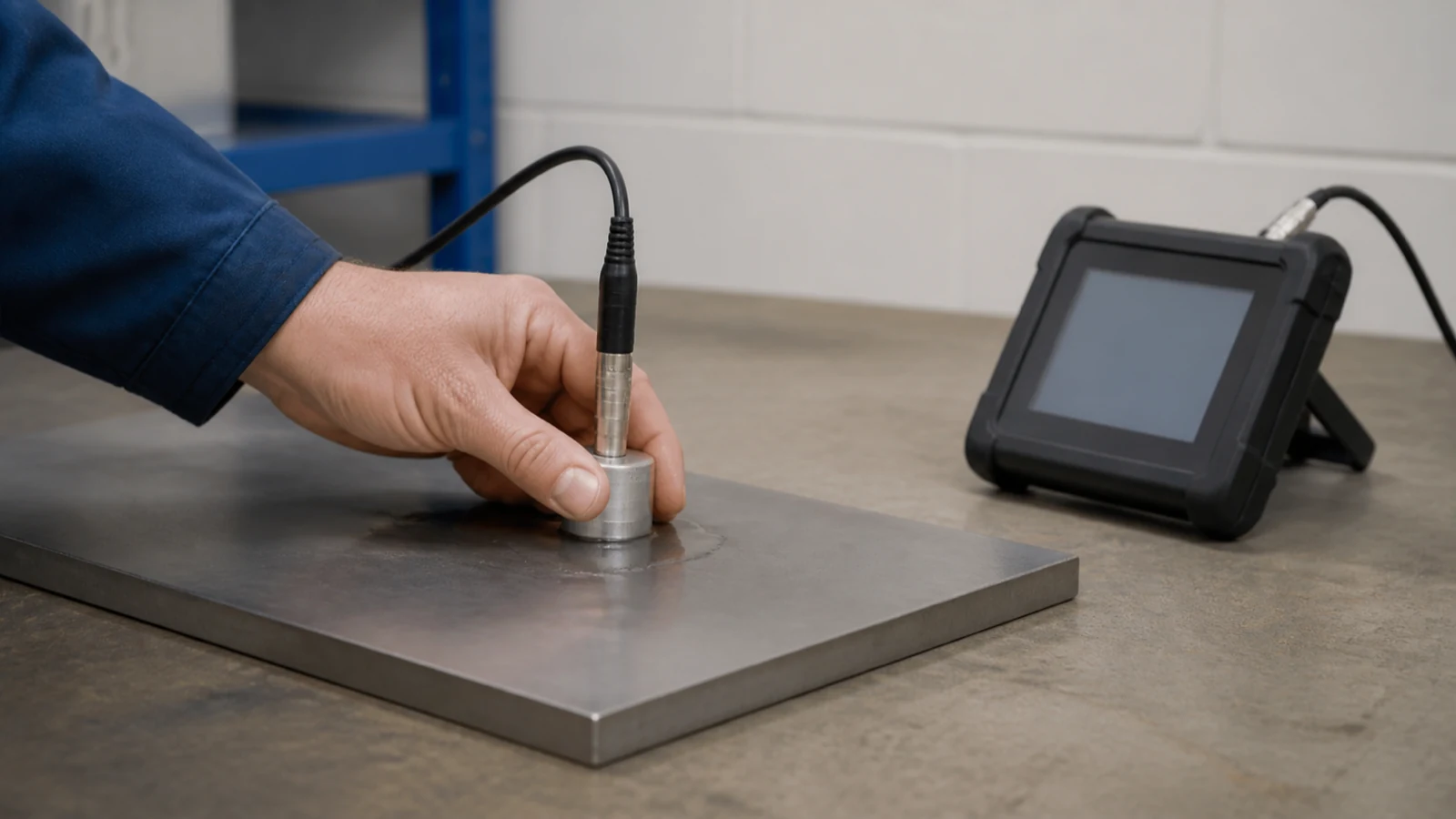 Non-destructive ultrasonic wall thickness gauge measuring a steel plate from one side