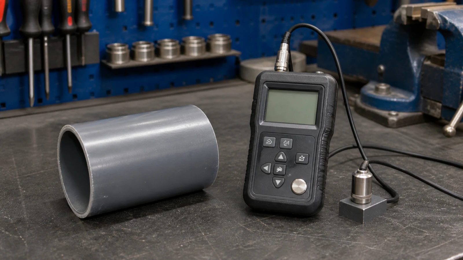 Ultrasonic thickness gauge set for PVC pipe wall measurement on a workshop bench