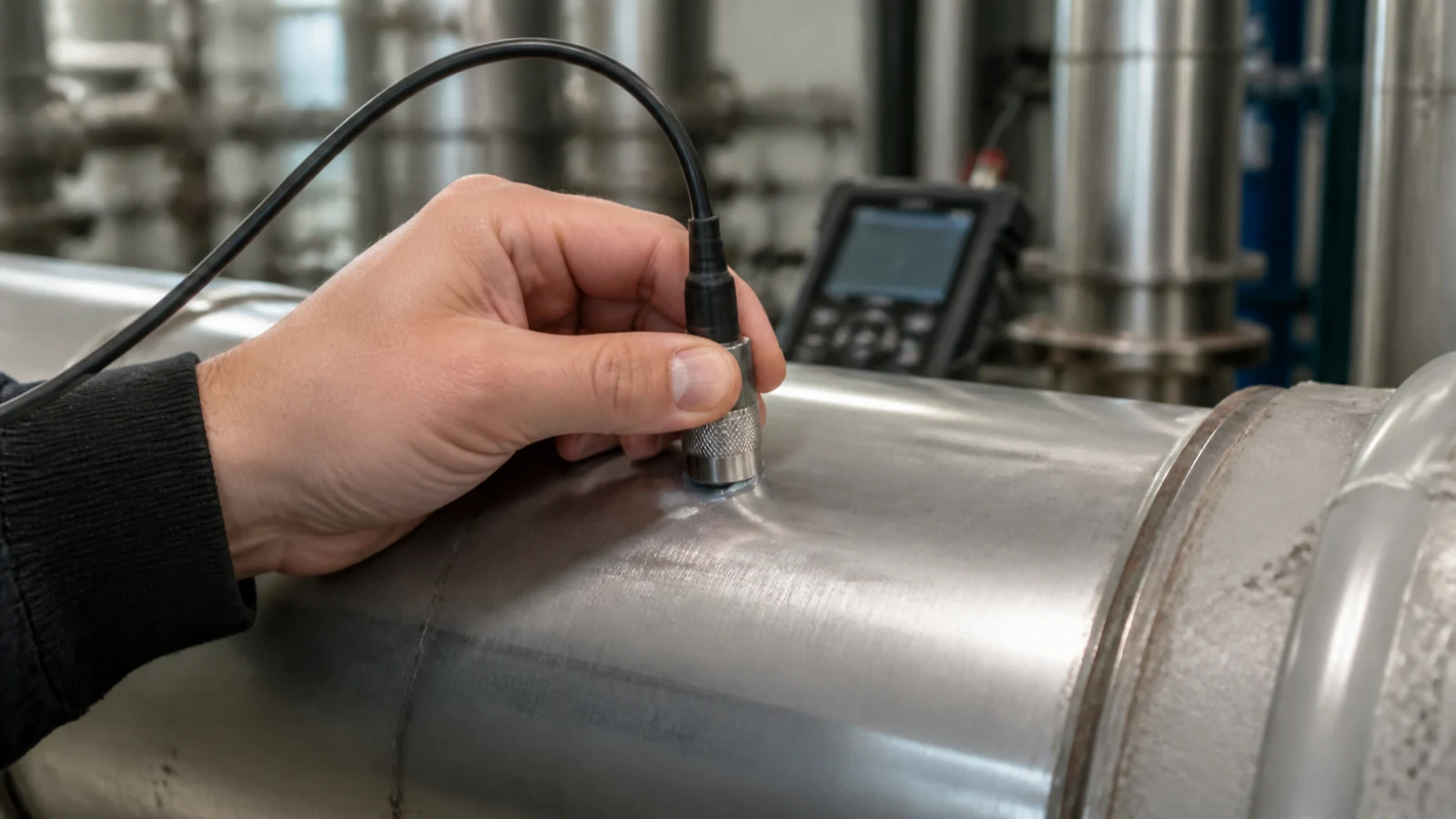 Technician measuring steel HVAC pipe wall thickness with a handheld ultrasonic probe