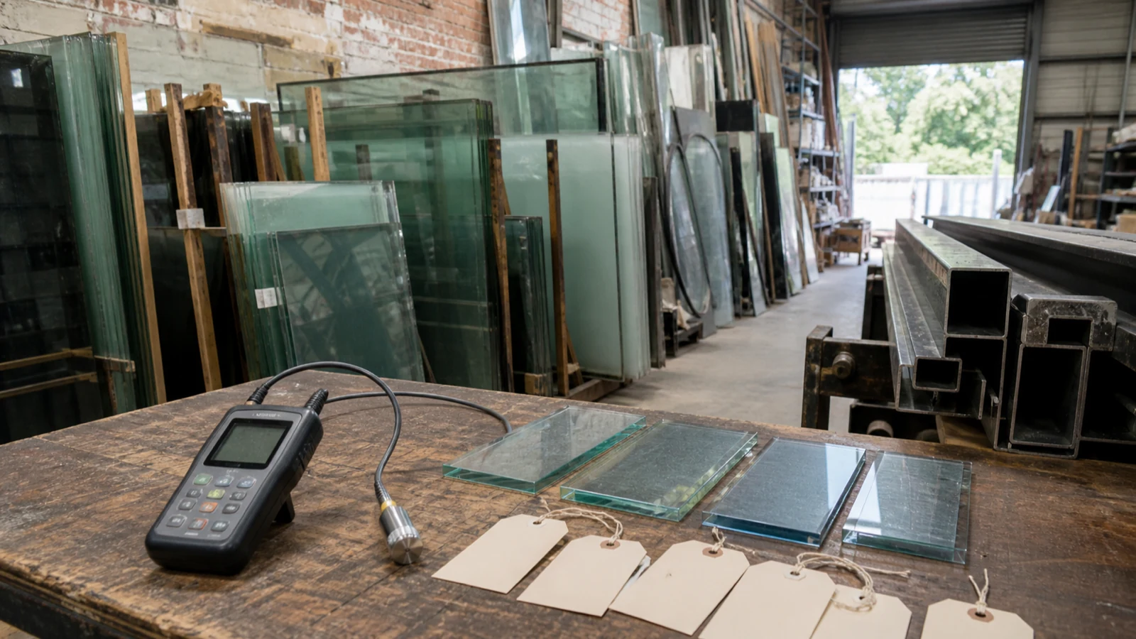 Salvage dealer grading reclaimed glass thickness with a handheld ultrasonic gauge